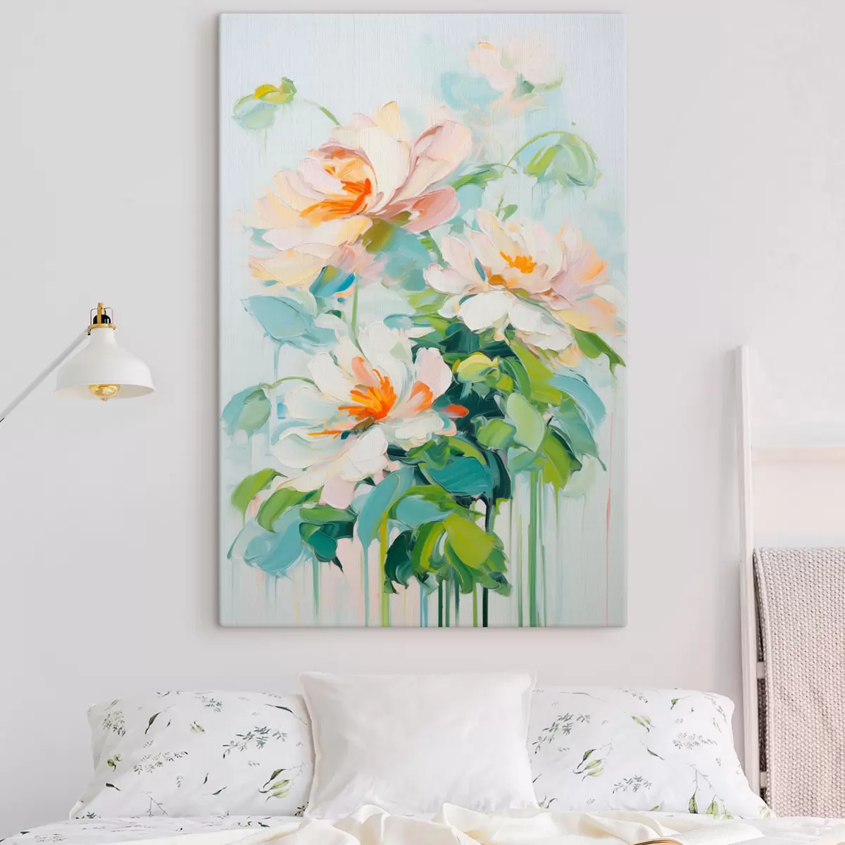 Tableau Fleurs de pêche blanches et pastel, feuilles vertes, coups de pinceau doux imitation peinture à l'huile, fond bleu clair s45550
