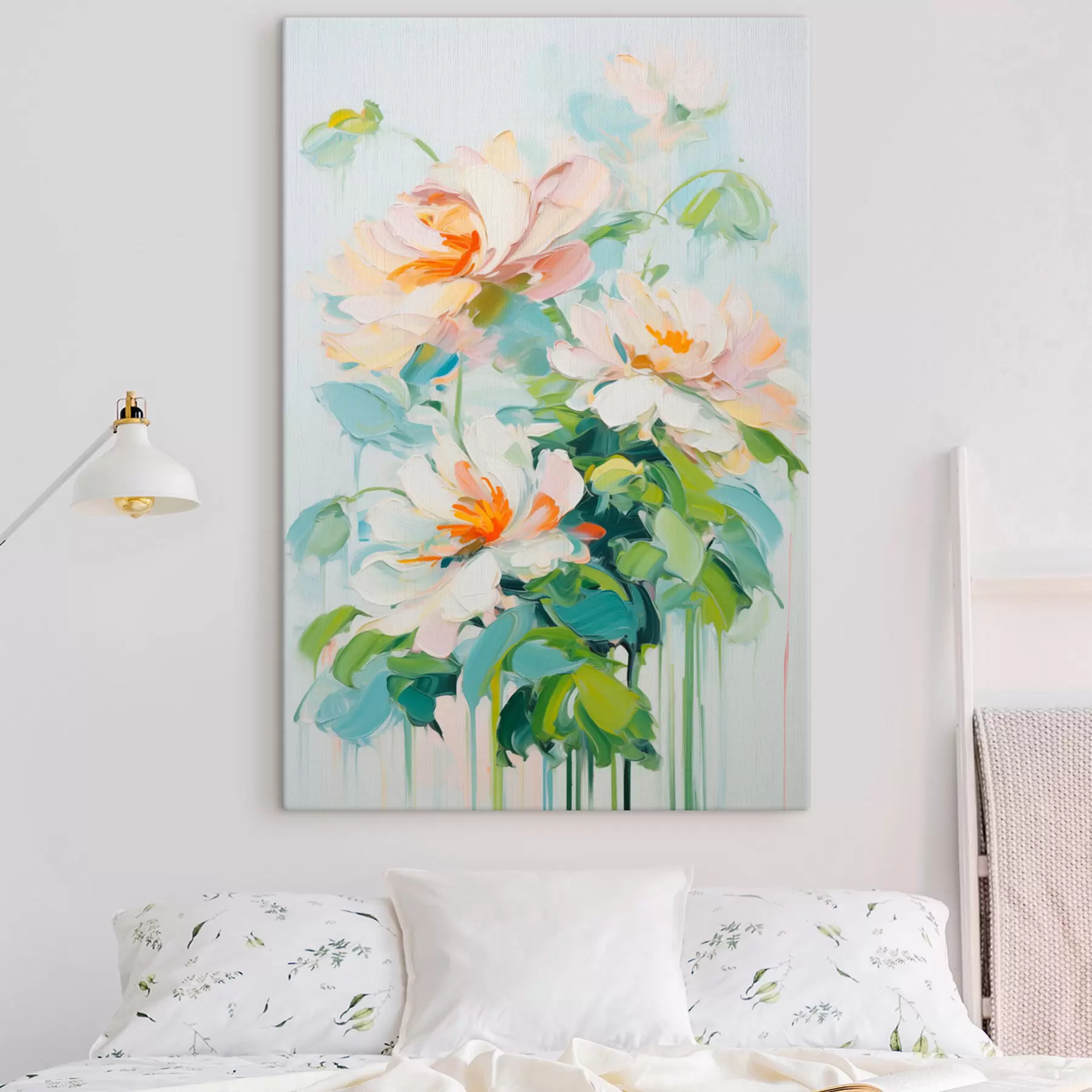 Tableau Fleurs de pêche blanches et pastel, feuilles vertes, coups de pinceau doux imitation peinture à l'huile, fond bleu clair s45550