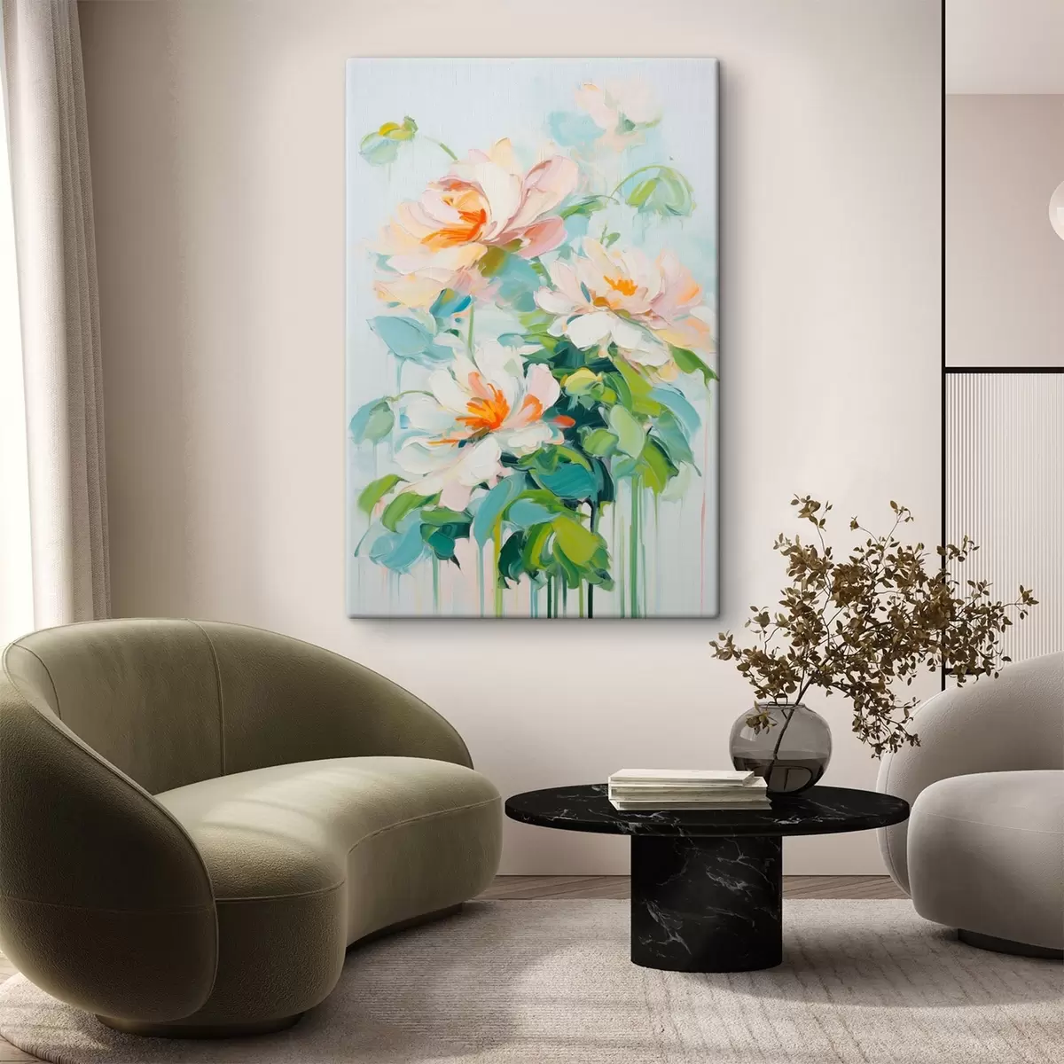 Tableau Fleurs de pêche blanches et pastel, feuilles vertes, coups de pinceau doux imitation peinture à l'huile, fond bleu clair s45550