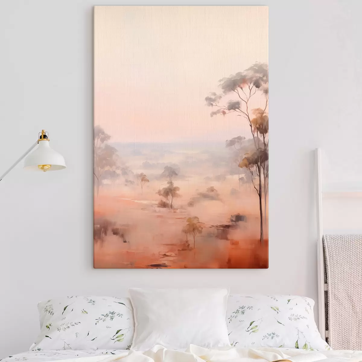 Tableau Un paysage avec des buissons et des arbres dans des tons pastel de rose, orange et brun, avec des montagnes en arrière-plan s45554