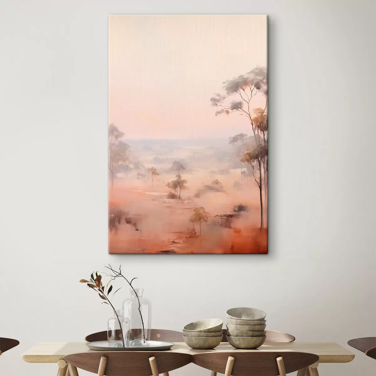 Tableau Un paysage avec des buissons et des arbres dans des tons pastel de rose, orange et brun, avec des montagnes en arrière-plan s45554