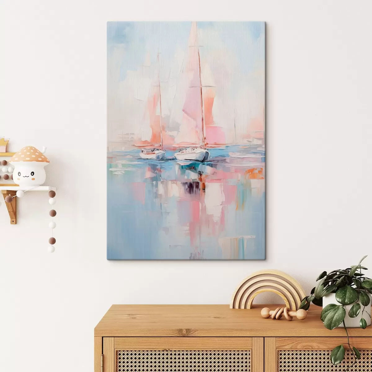 Tableau Voiliers aux voiles roses flottant sur une mer calme, reflets des bateaux dans l'eau, couleurs douces et pastel s45557
