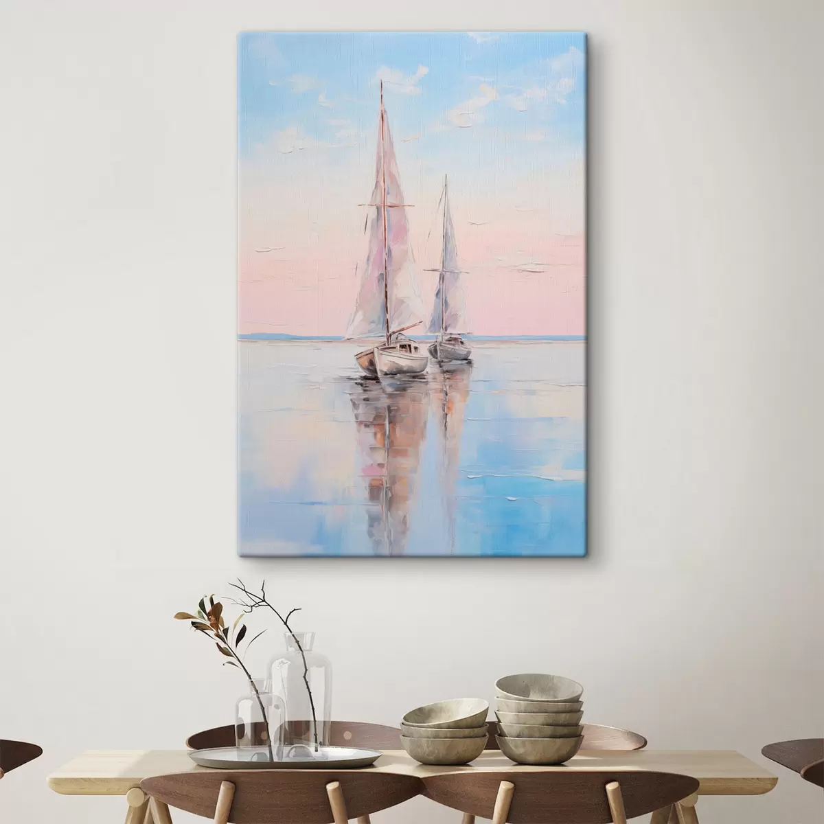 Tableau Voiliers aux voiles roses flottant sur une mer calme, reflets des bateaux dans l'eau, couleurs douces et pastel s45558
