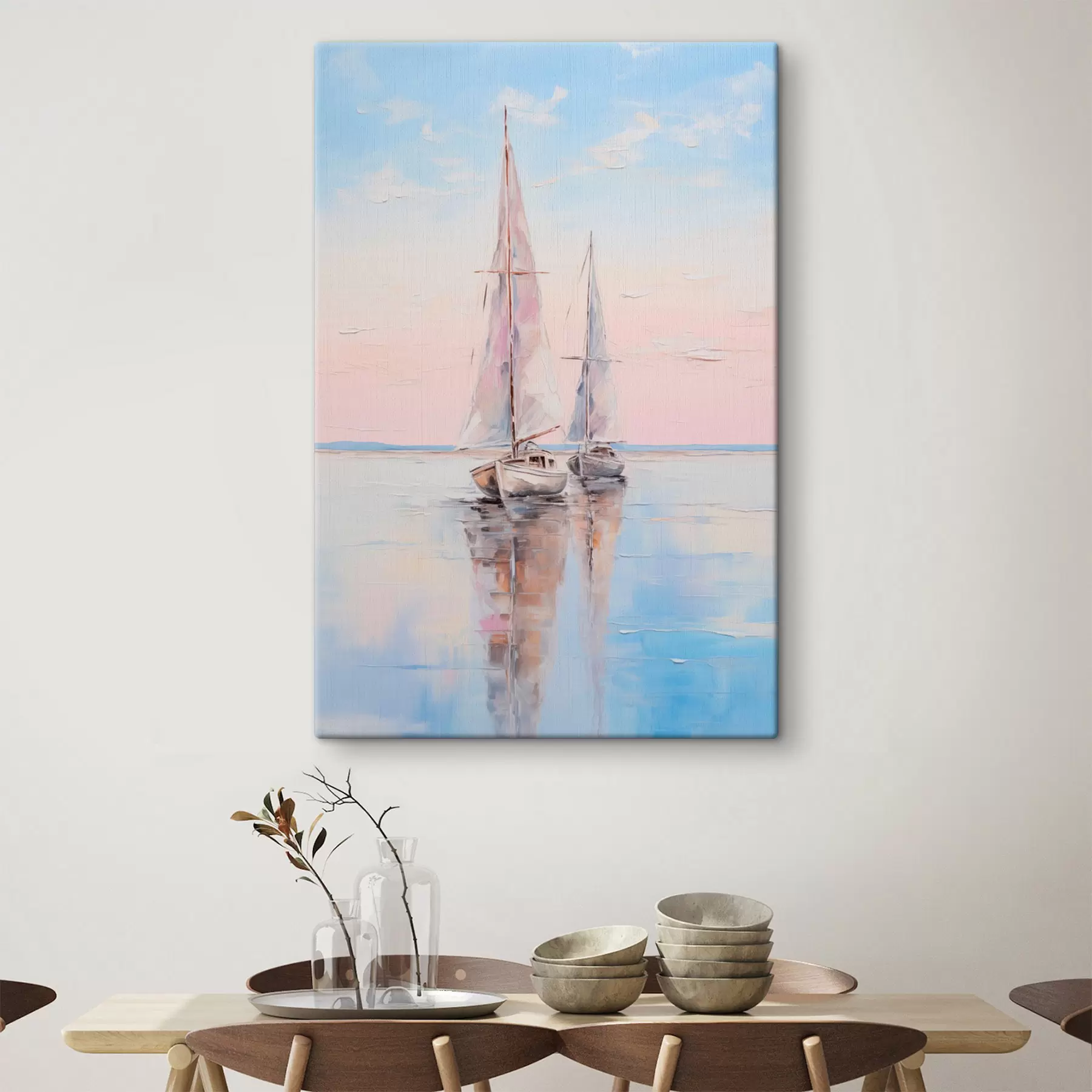Tableau Voiliers aux voiles roses flottant sur une mer calme, reflets des bateaux dans l'eau, couleurs douces et pastel s45558