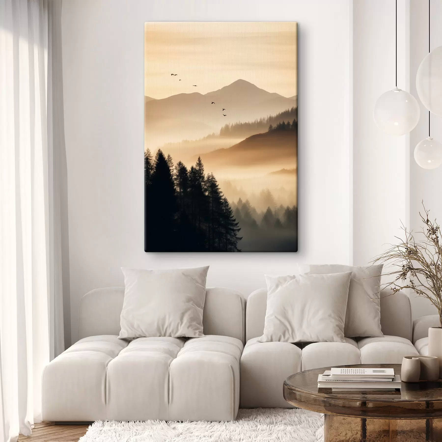 Tableau Un paysage de montagne avec une forêt et des oiseaux volant dans le ciel, le tout recouvert d'une épaisse couche de brouillard au lever du soleil s45563