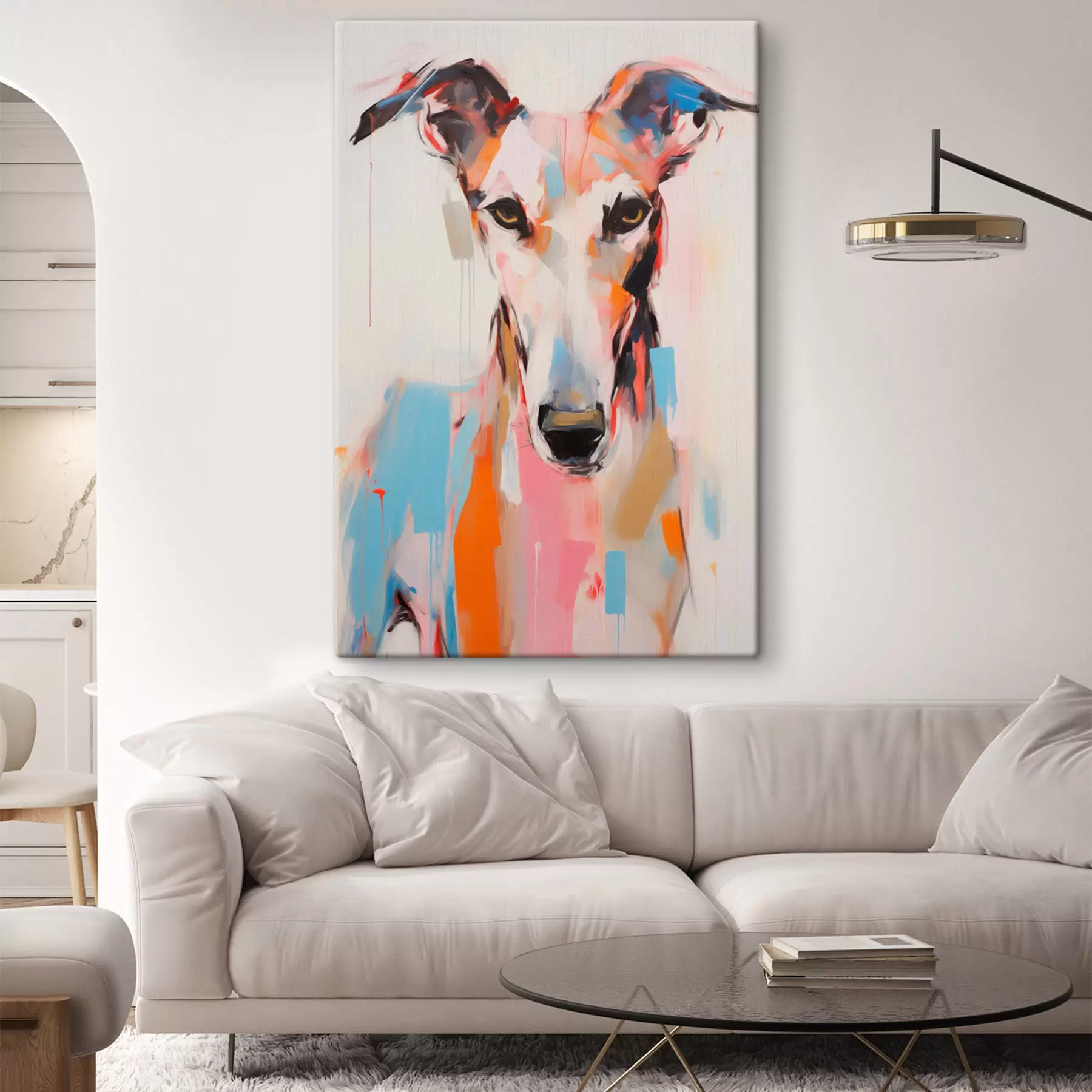 Tableau Un chien lévrier, peint avec des couleurs vives comme l'orange, le rose et le bleu, sur un fond blanc uni s45565