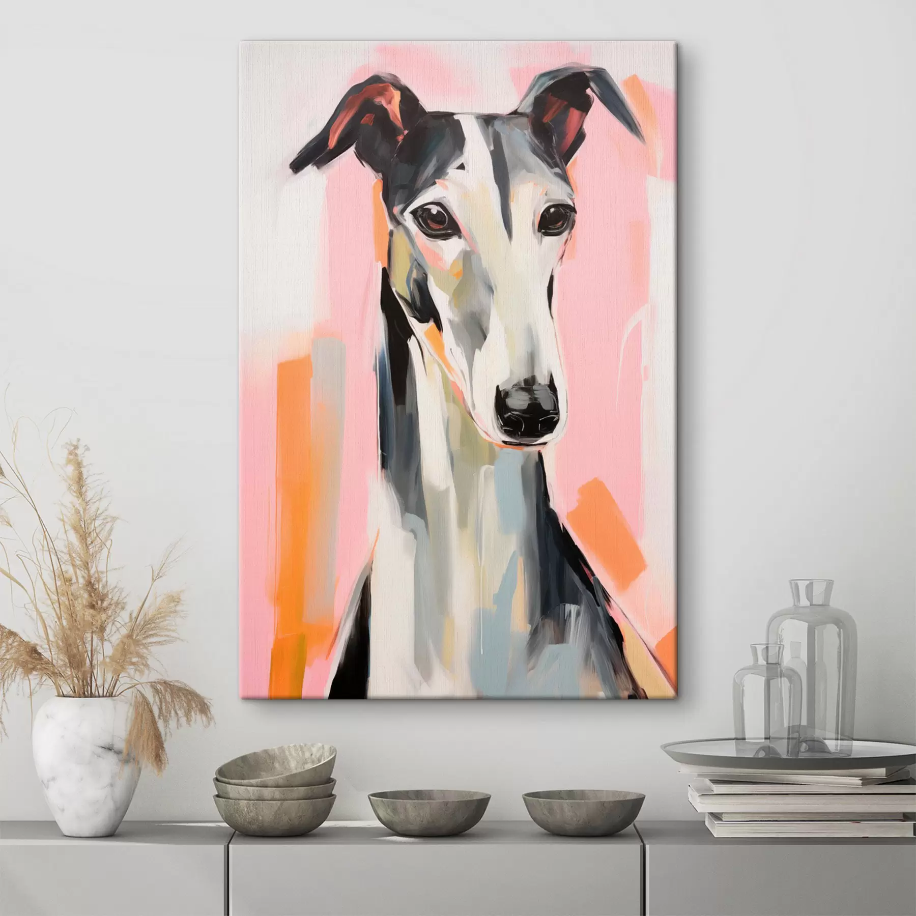 Tableau Un lévrier sur un fond de coups de pinceau roses, orange et blancs s45566