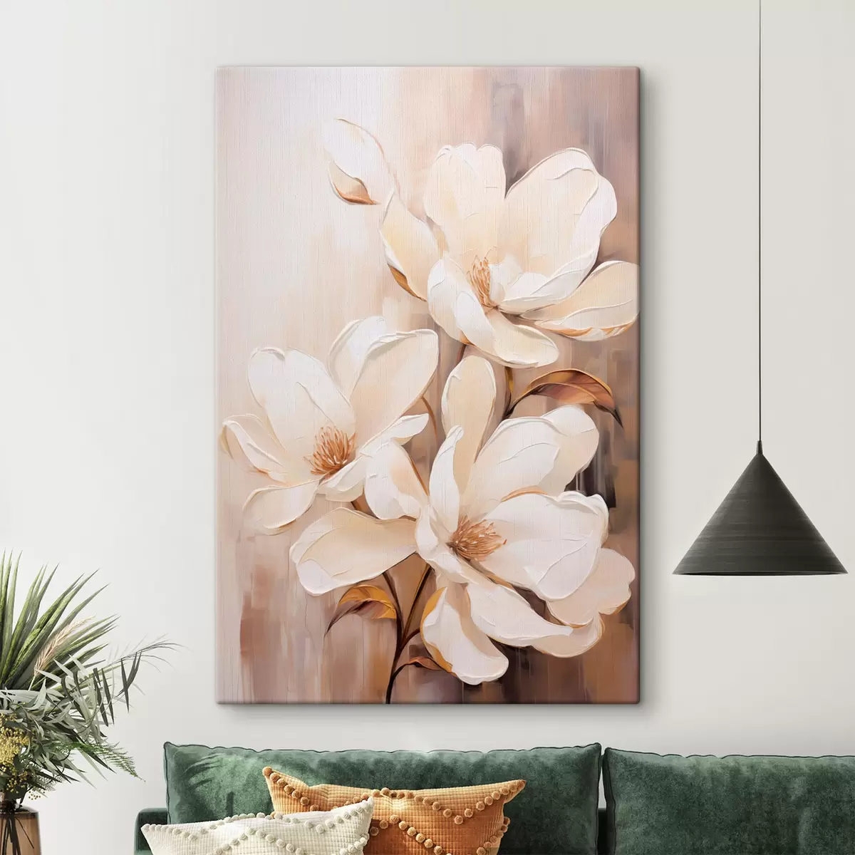 Tableau Fleurs de magnolia blanches sur un fond doux et flou de tons beiges et bruns, composition florale élégante s45571