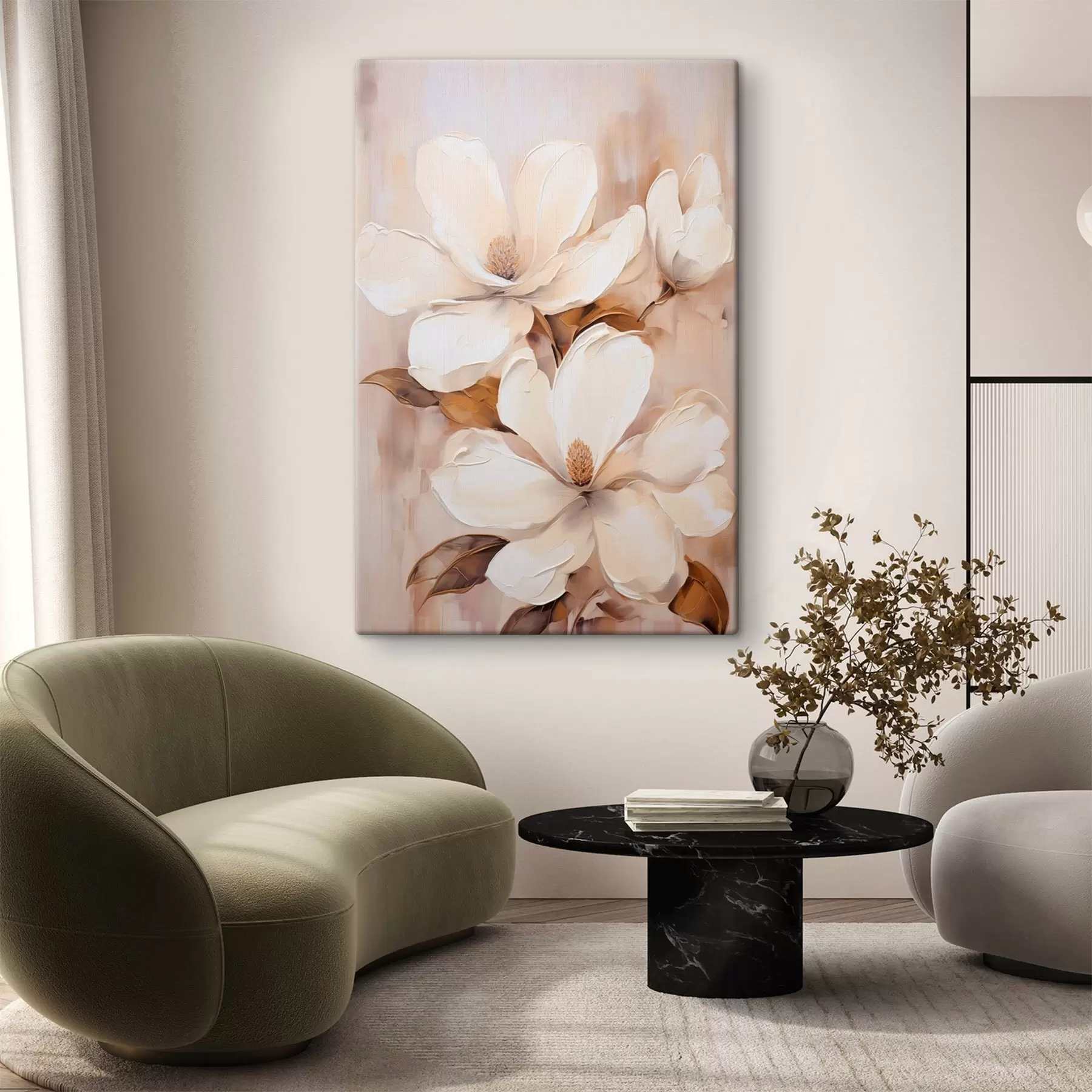 Tableau Fleurs de magnolia blanches sur un fond doux et flou de tons beiges et bruns, style peinture s45572