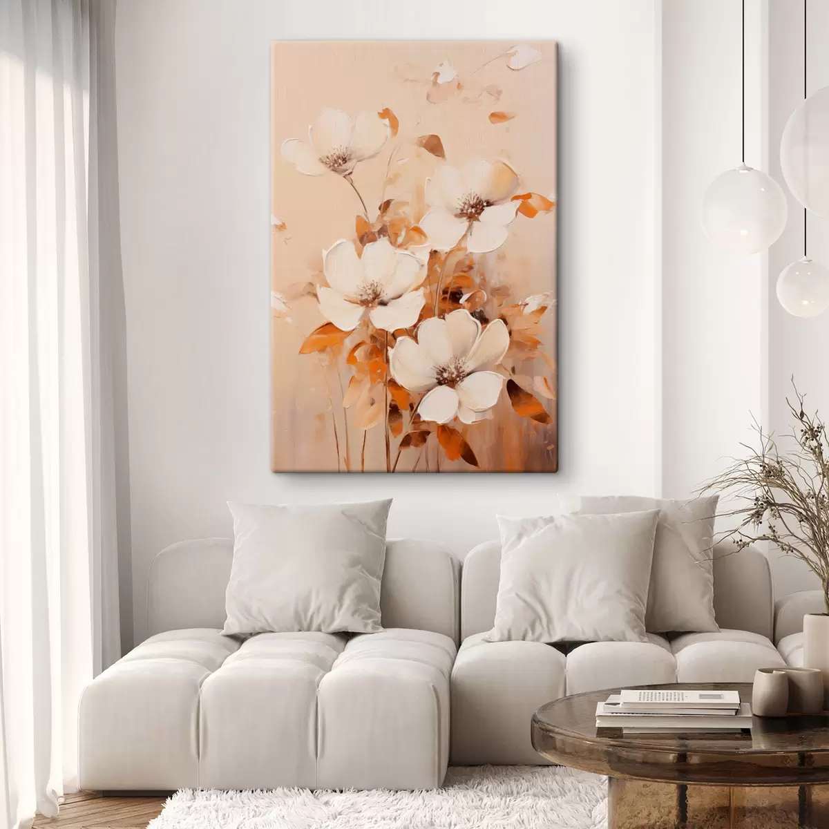 Tableau Fleurs blanches avec feuilles orange, coups de pinceau délicats, palette de couleurs chaudes, composition élégante s45573