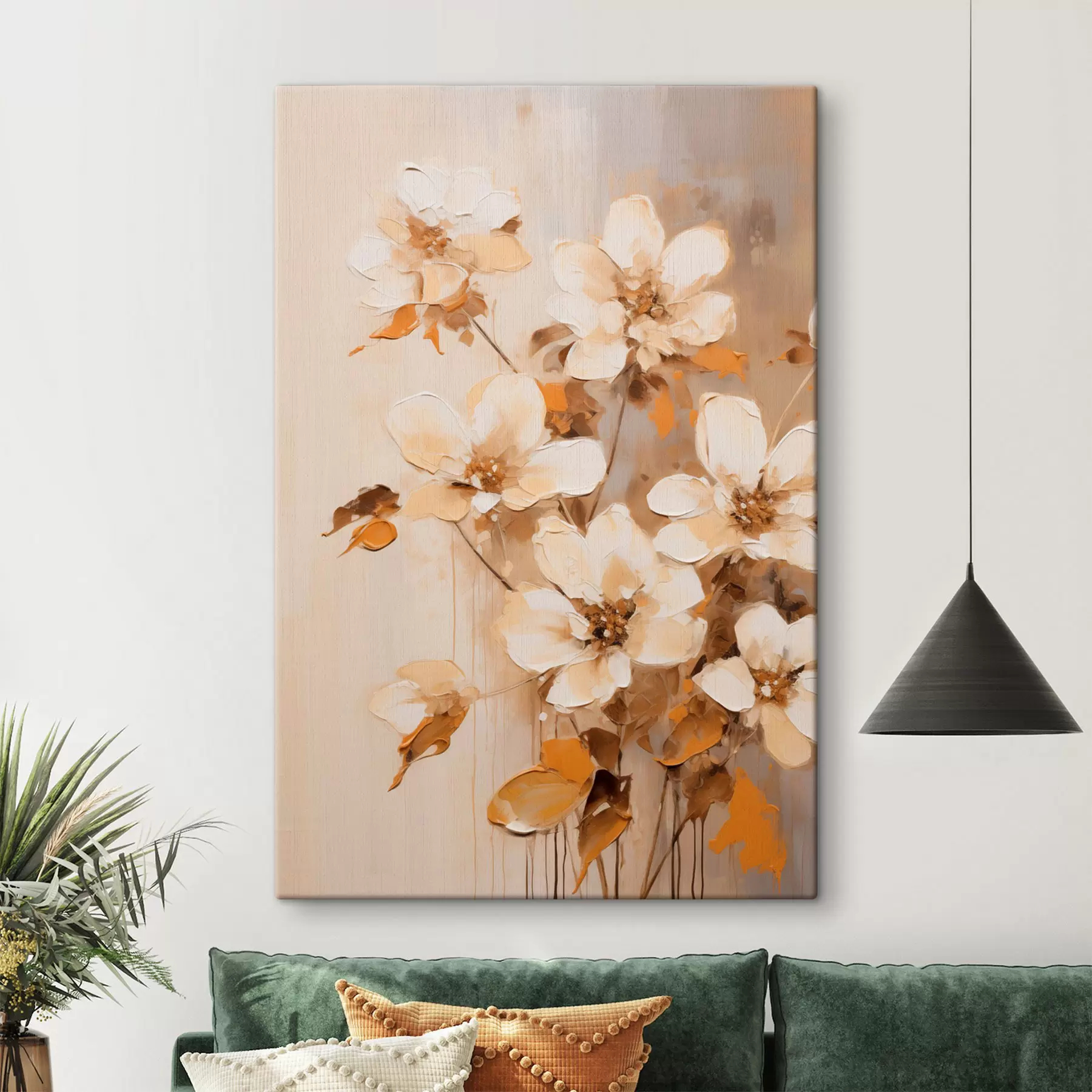 Tableau Fleurs blanches avec feuilles orange, coups de pinceau délicats, arrangement floral, art botanique  s45574