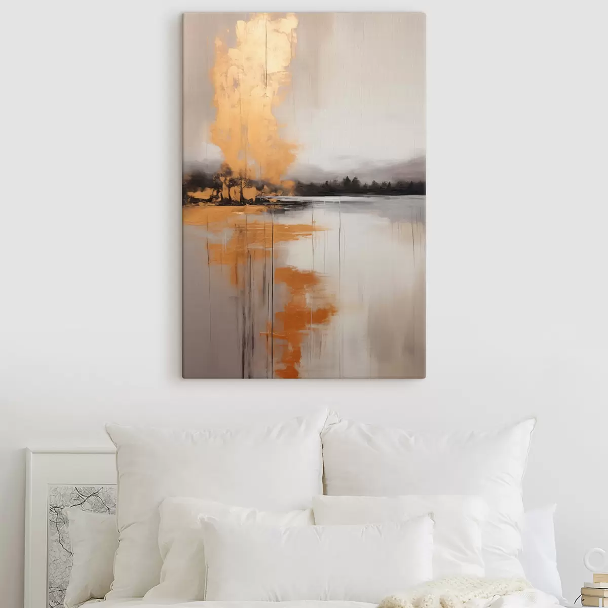 Tableau Un paysage abstrait avec un lac, un arbre et un brouillard jaune, l'eau se reflète et le ciel est nuageux s45575