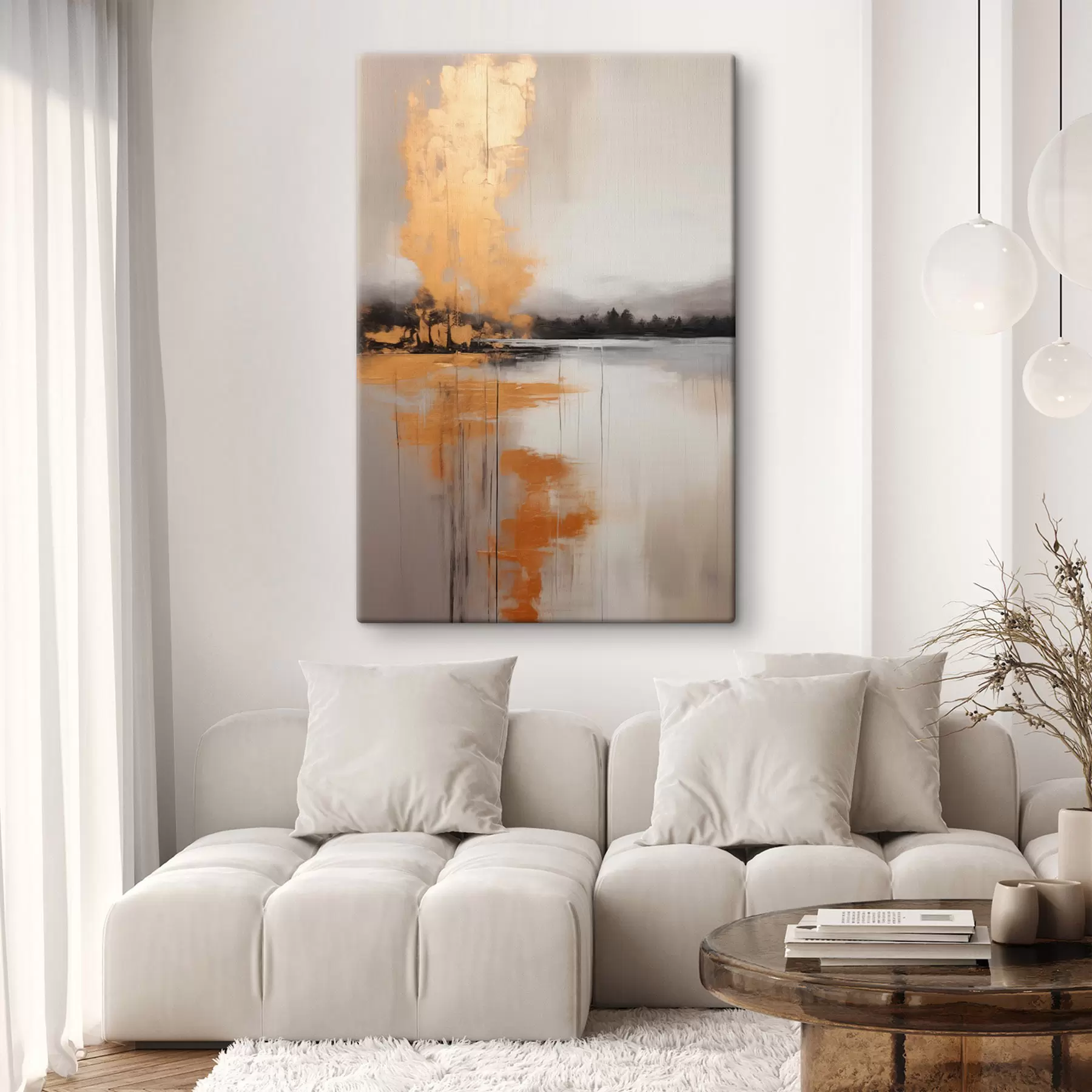 Tableau Un paysage abstrait avec un lac, un arbre et un brouillard jaune, l'eau se reflète et le ciel est nuageux s45575