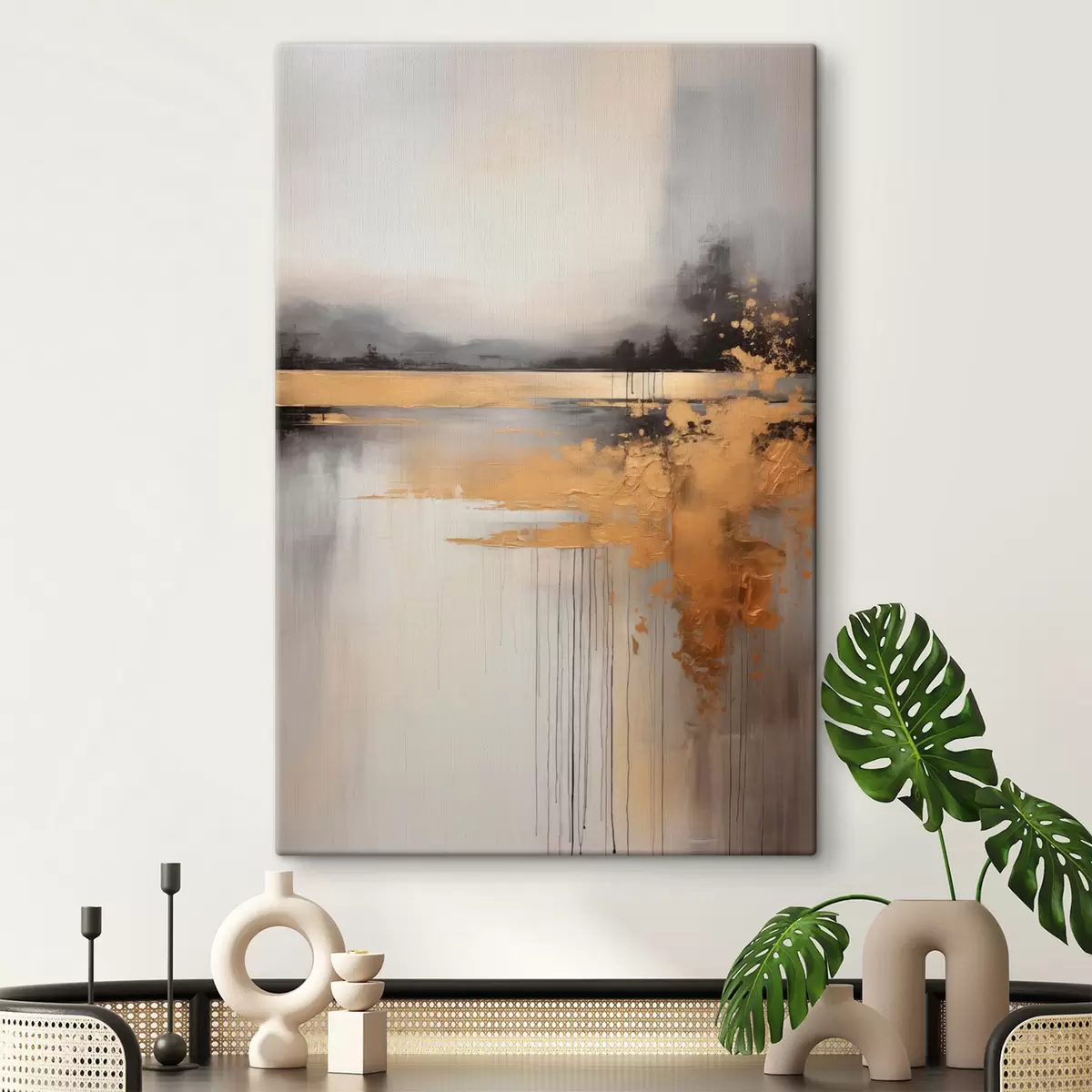 Tableau Paysage abstrait texturé avec une rivière et des arbres sombres en arrière-plan, le ciel est nuageux s45576