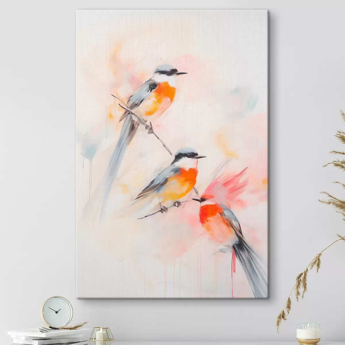 Tableau Oiseaux perchés sur des branches, couleurs douces et pastel, fond clair avec des teintes roses et blanches s45577