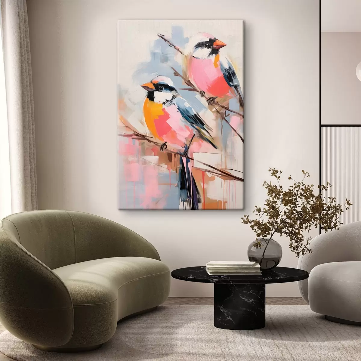 Tableau Oiseaux colorés perchés sur une branche sur un fond doux aux couleurs pastel s45578