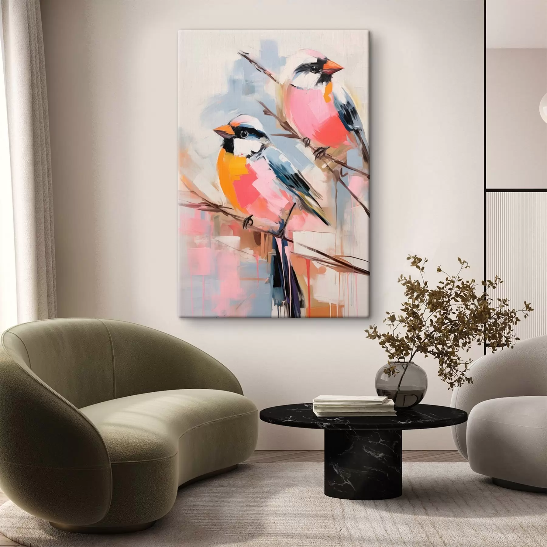 Tableau Oiseaux colorés perchés sur une branche sur un fond doux aux couleurs pastel s45578