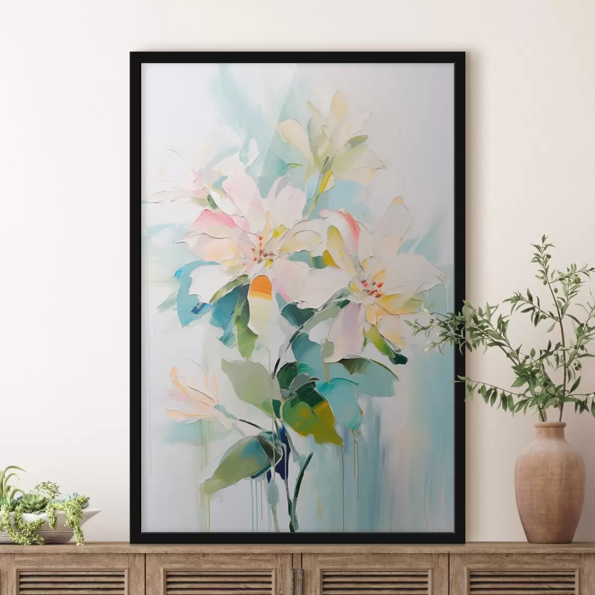 Poster Fleurs avec accents colorés, feuilles vertes, coups de pinceau doux imitation peinture à l'huile, fond bleu clair f45549