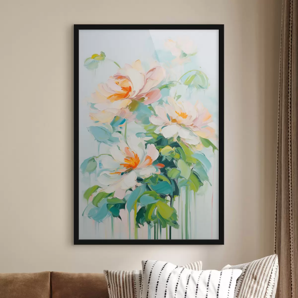 Poster Fleurs de pêche blanches et pastel, feuilles vertes, coups de pinceau doux imitation peinture à l'huile, fond bleu clair f45550