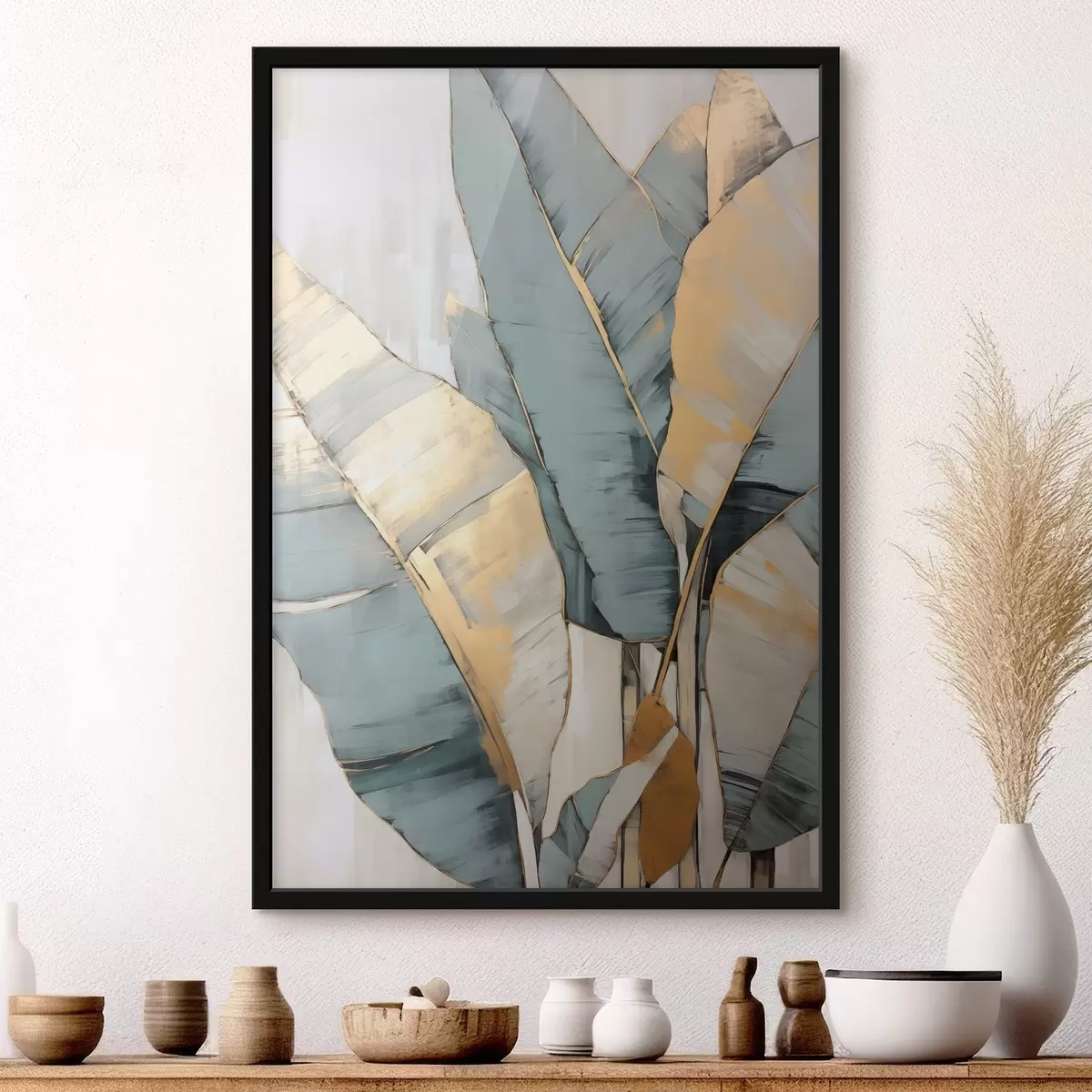 Poster Feuilles de bananier bleues, grises et jaunes avec des coups de pinceau visibles, sur un fond blanc abstrait f45552
