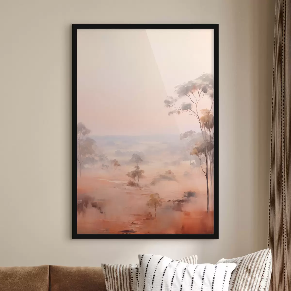 Poster Un paysage avec des buissons et des arbres dans des tons pastel de rose, orange et brun, avec des montagnes en arrière-plan f45554