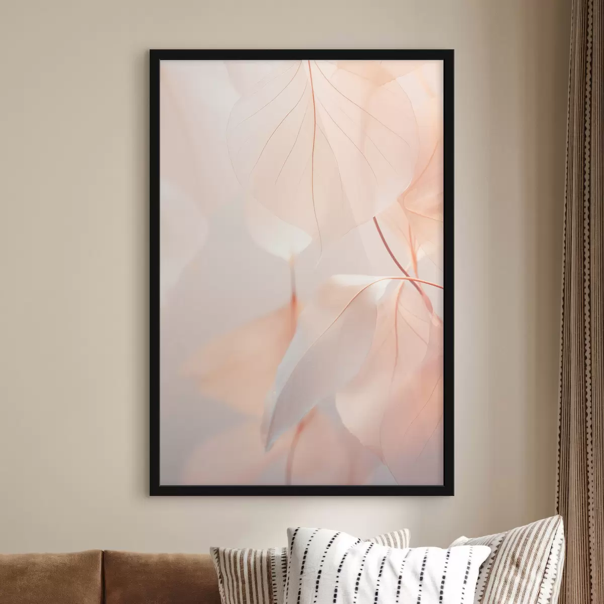 Poster Gros plan sur des feuilles translucides aux nervures délicates, palette de couleurs pêche et blanc, arrière-plan flou f45556