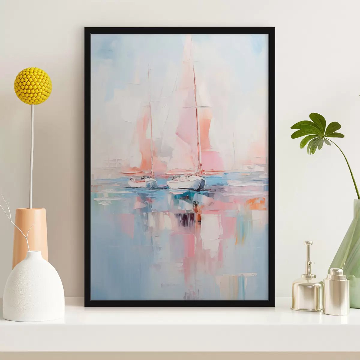 Poster Voiliers aux voiles roses flottant sur une mer calme, reflets des bateaux dans l'eau, couleurs douces et pastel f45557