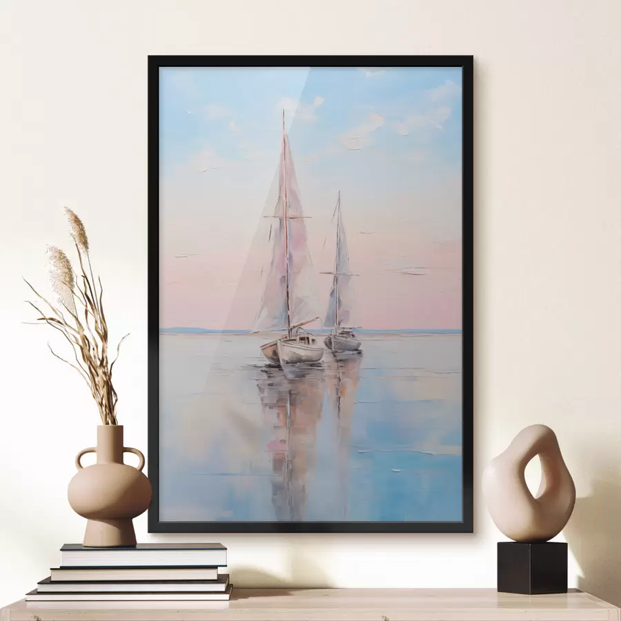 Papier peint Voiliers aux voiles roses flottant sur une mer calme, reflets des bateaux dans l'eau, couleurs douces et pastel f45558