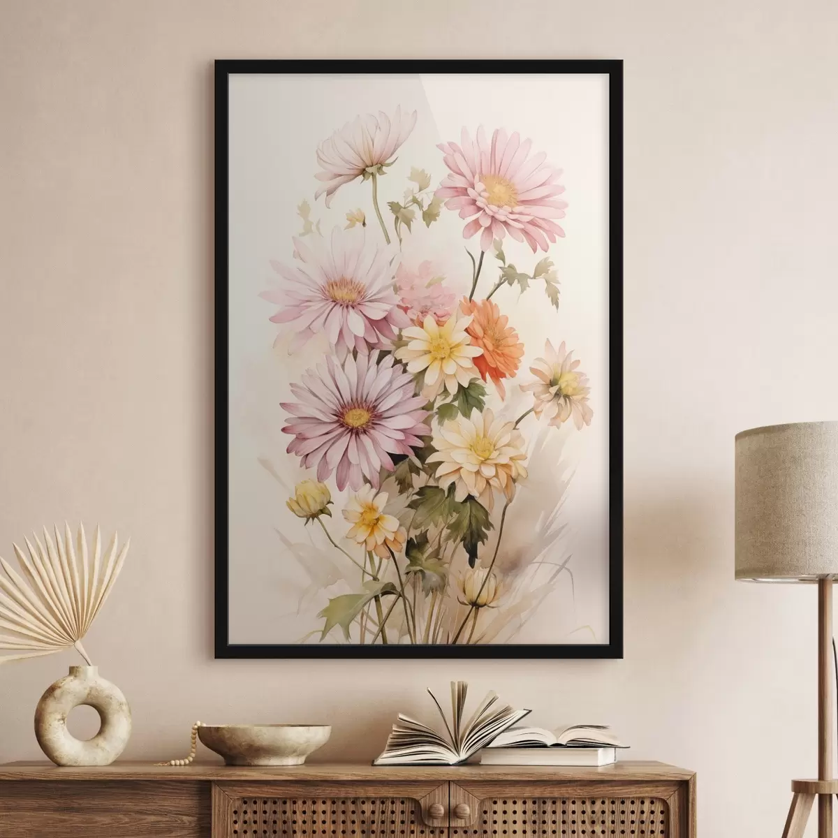 Poster Bouquet de fleurs colorées, style aquarelle douce, sur fond clair f45559
