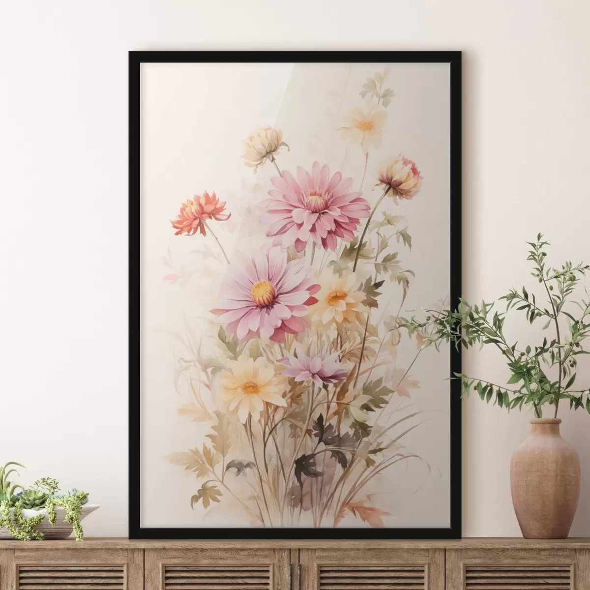 Poster Bouquet de fleurs colorées, style aquarelle douce, sur fond clair, illustration botanique f45560