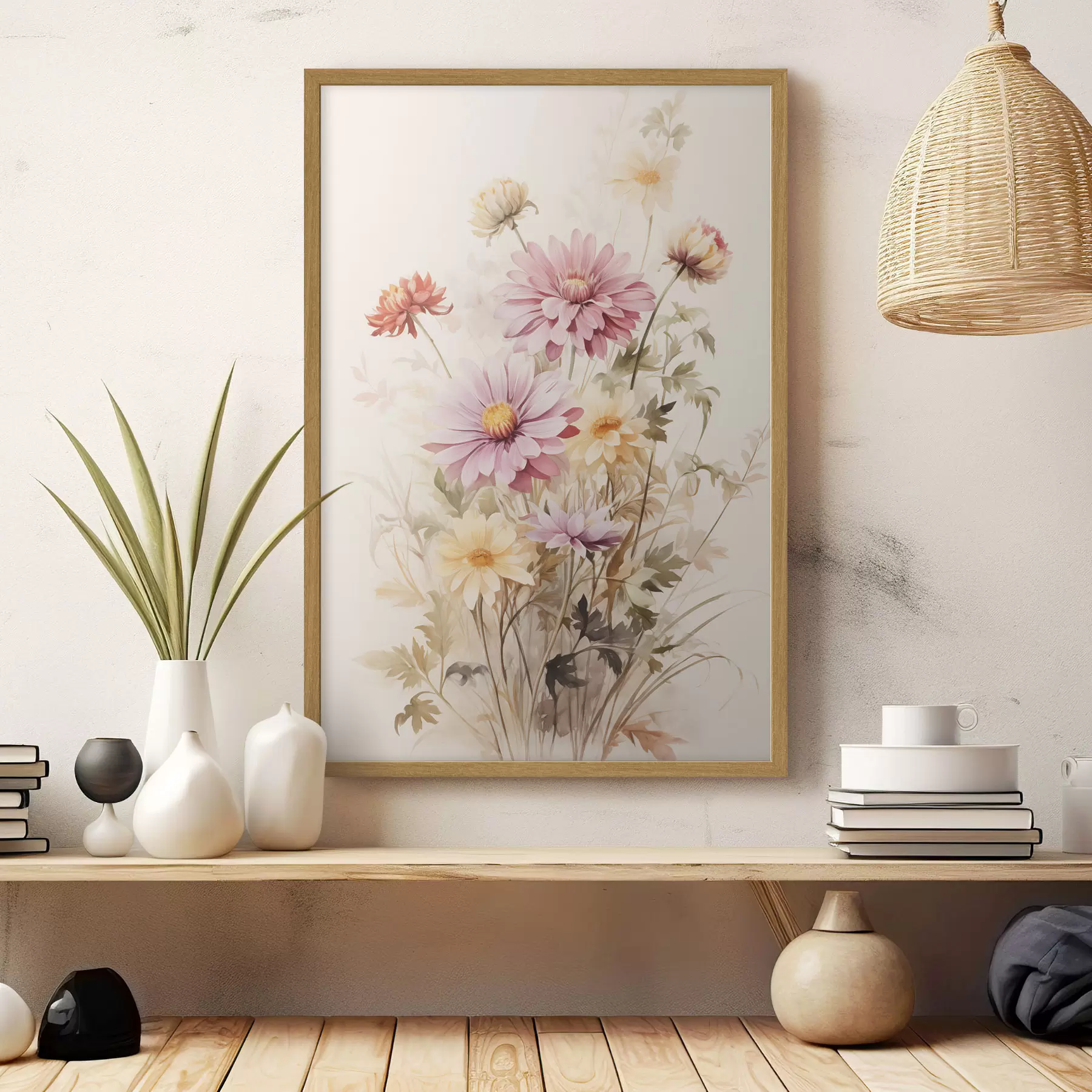 Papier peint Bouquet de fleurs colorées, style aquarelle douce, sur fond clair, illustration botanique f45560