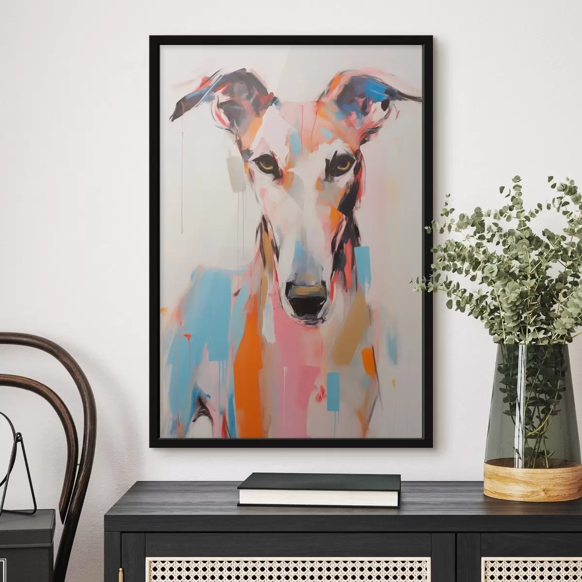 Poster Un chien lévrier, peint avec des couleurs vives comme l'orange, le rose et le bleu, sur un fond blanc uni f45565