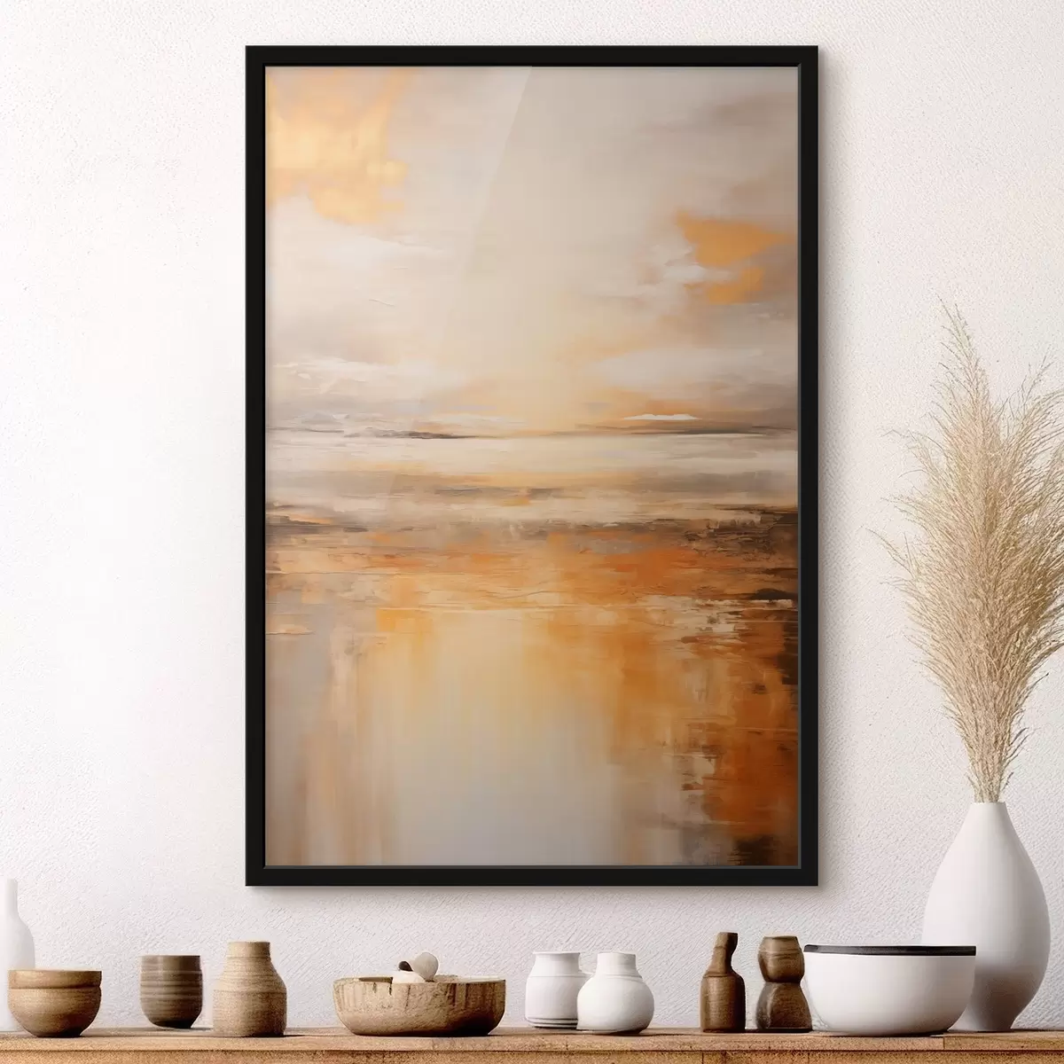 Poster Peinture abstraite d'un paysage de plage avec un océan calme, du sable orange et un ciel nuageux avec du soleil f45567