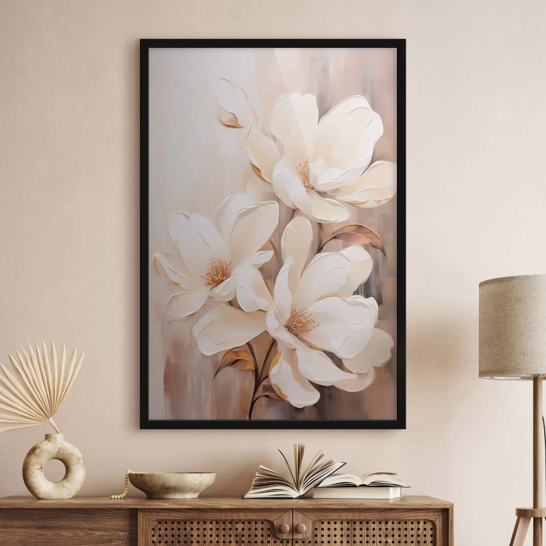 Papier peint Fleurs de magnolia blanches sur un fond doux et flou de tons beiges et bruns, composition florale élégante f45571