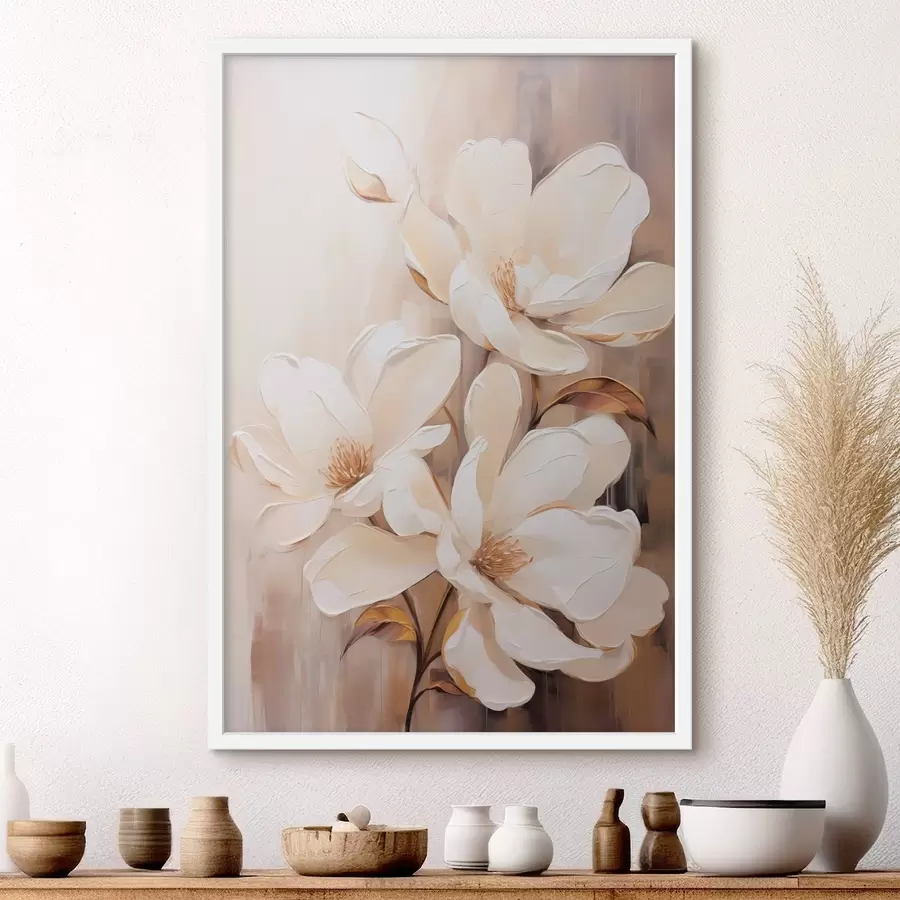 Papier peint Fleurs de magnolia blanches sur un fond doux et flou de tons beiges et bruns, composition florale élégante f45571
