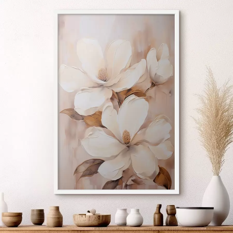 Papier peint Fleurs de magnolia blanches sur un fond doux et flou de tons beiges et bruns, style peinture f45572