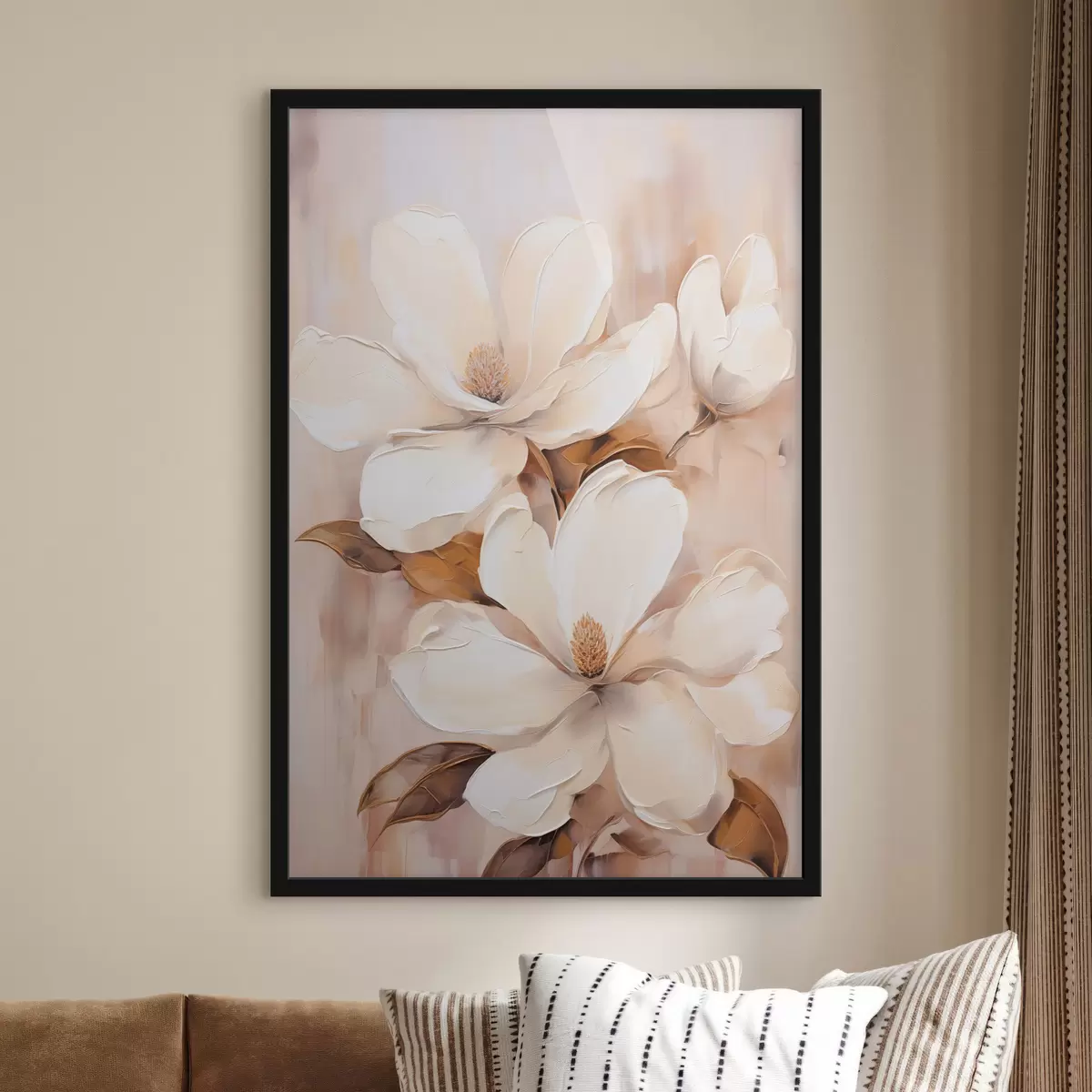 Poster Fleurs de magnolia blanches sur un fond doux et flou de tons beiges et bruns, style peinture f45572