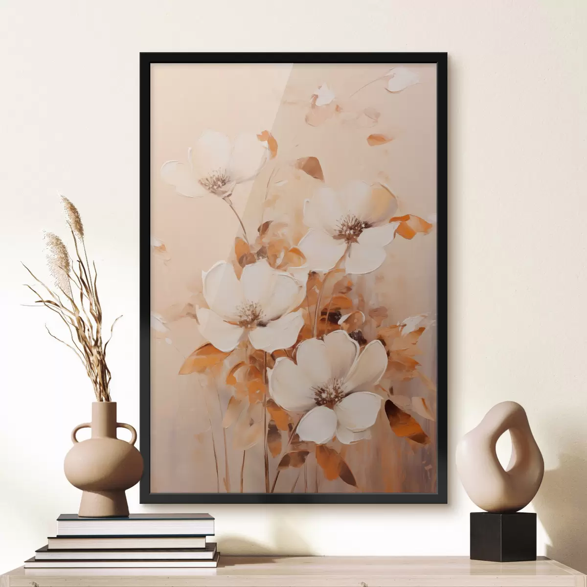 Poster Fleurs blanches avec feuilles orange, coups de pinceau délicats, palette de couleurs chaudes, composition élégante f45573