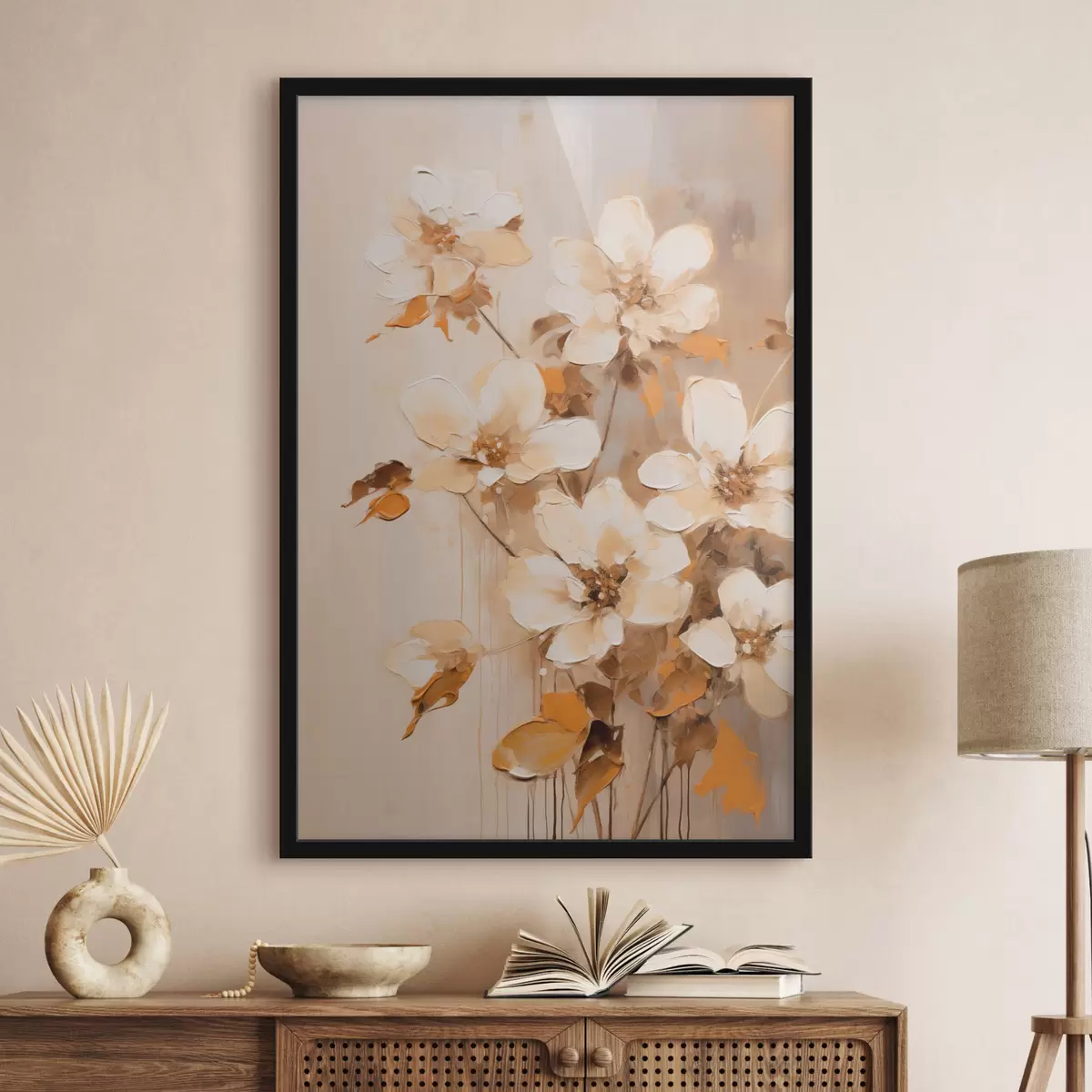 Poster Fleurs blanches avec feuilles orange, coups de pinceau délicats, arrangement floral, art botanique f45574