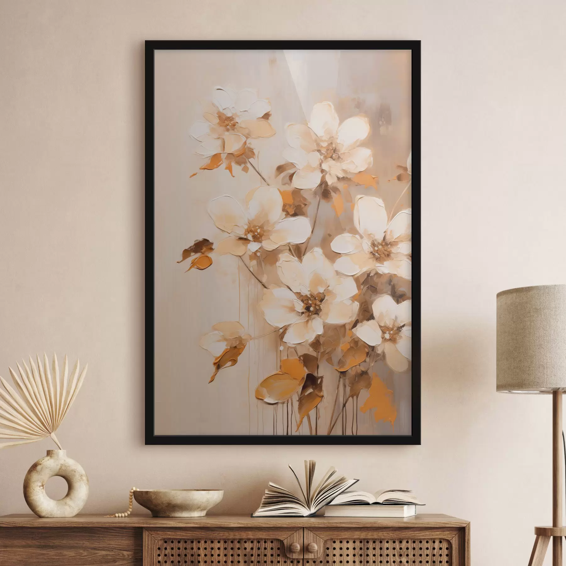 Papier peint Fleurs blanches avec feuilles orange, coups de pinceau délicats, arrangement floral, art botanique f45574