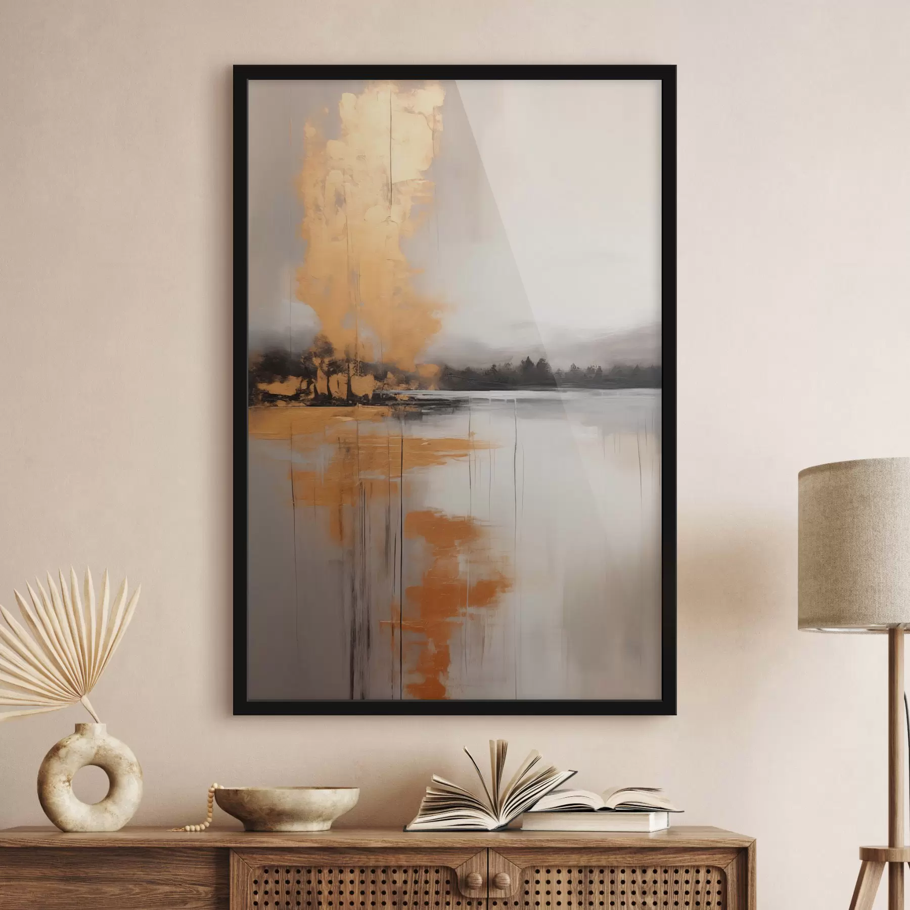 Papier peint Un paysage abstrait avec un lac, un arbre et un brouillard jaune, l'eau se reflète et le ciel est nuageux f45575