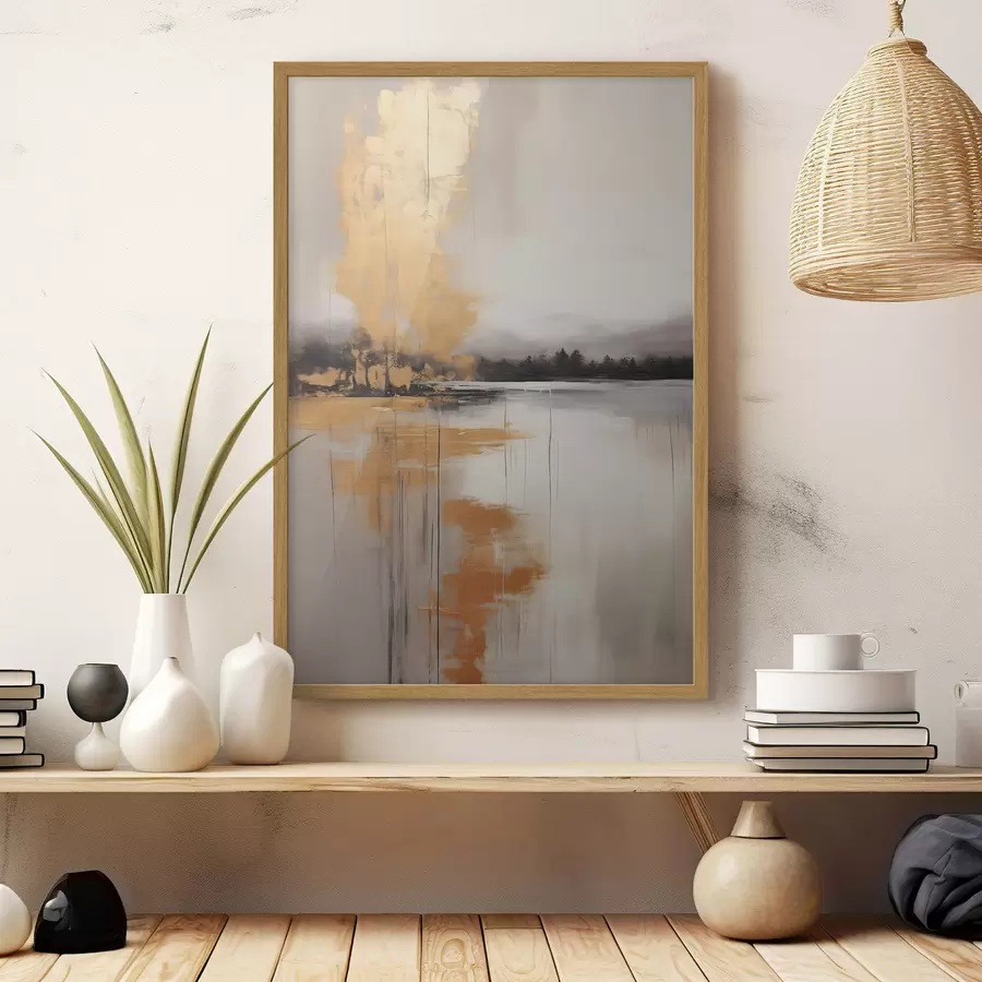 Papier peint Un paysage abstrait avec un lac, un arbre et un brouillard jaune, l'eau se reflète et le ciel est nuageux f45575