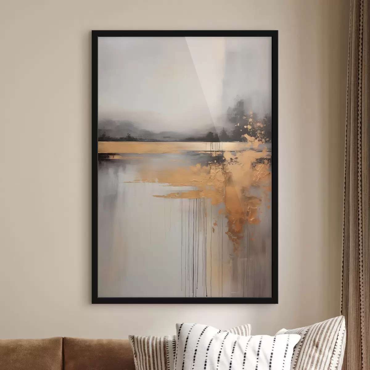 Poster Paysage abstrait texturé avec une rivière et des arbres sombres en arrière-plan, le ciel est nuageux f45576