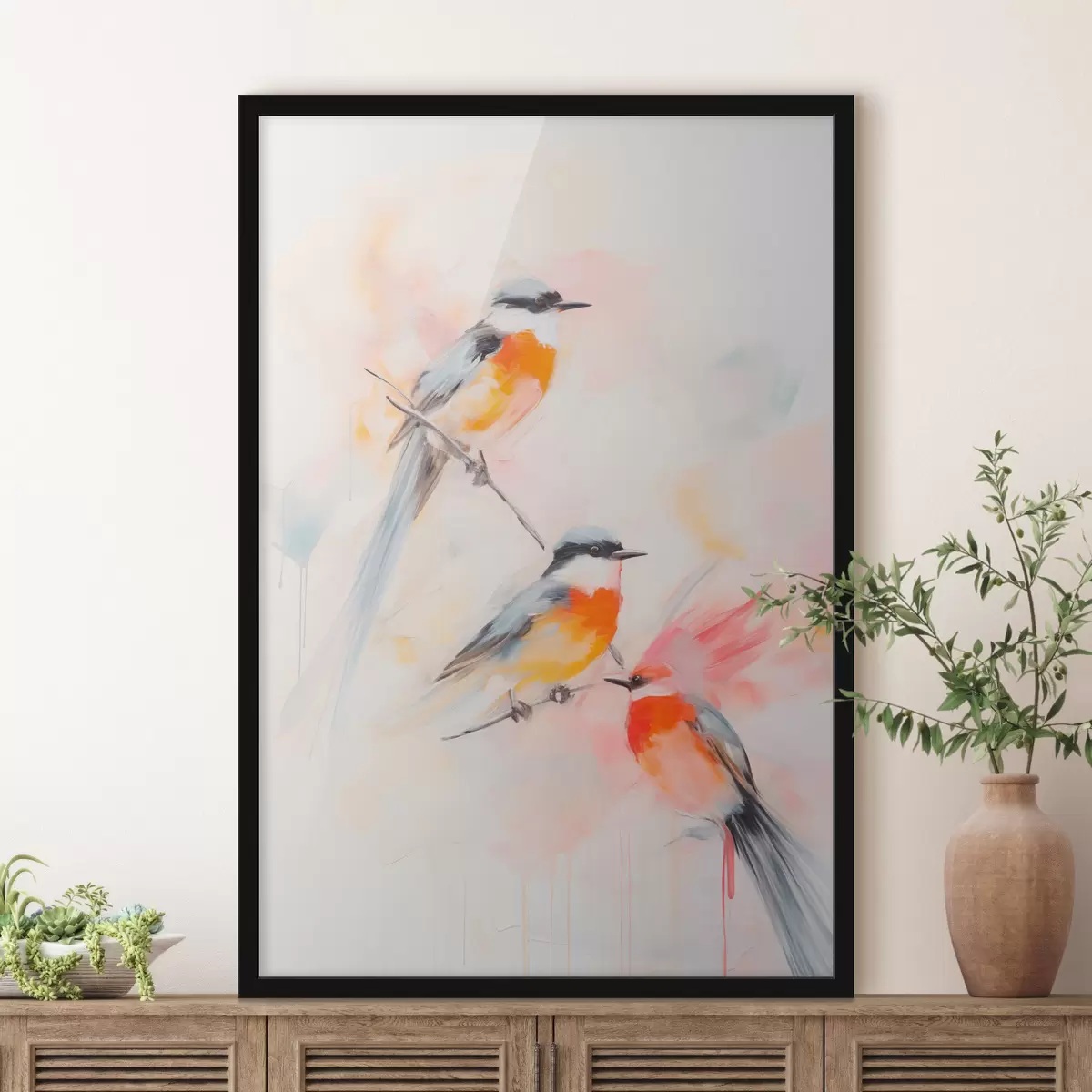 Poster Oiseaux perchés sur des branches, couleurs douces et pastel, fond clair avec des teintes roses et blanches f45577