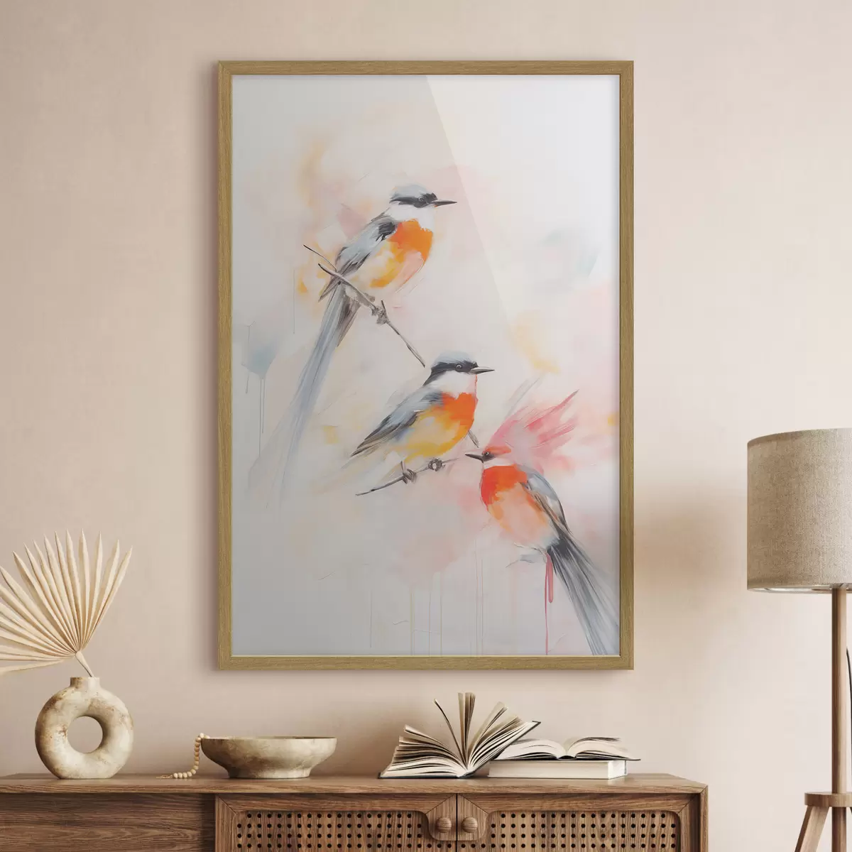 Poster Oiseaux perchés sur des branches, couleurs douces et pastel, fond clair avec des teintes roses et blanches f45577