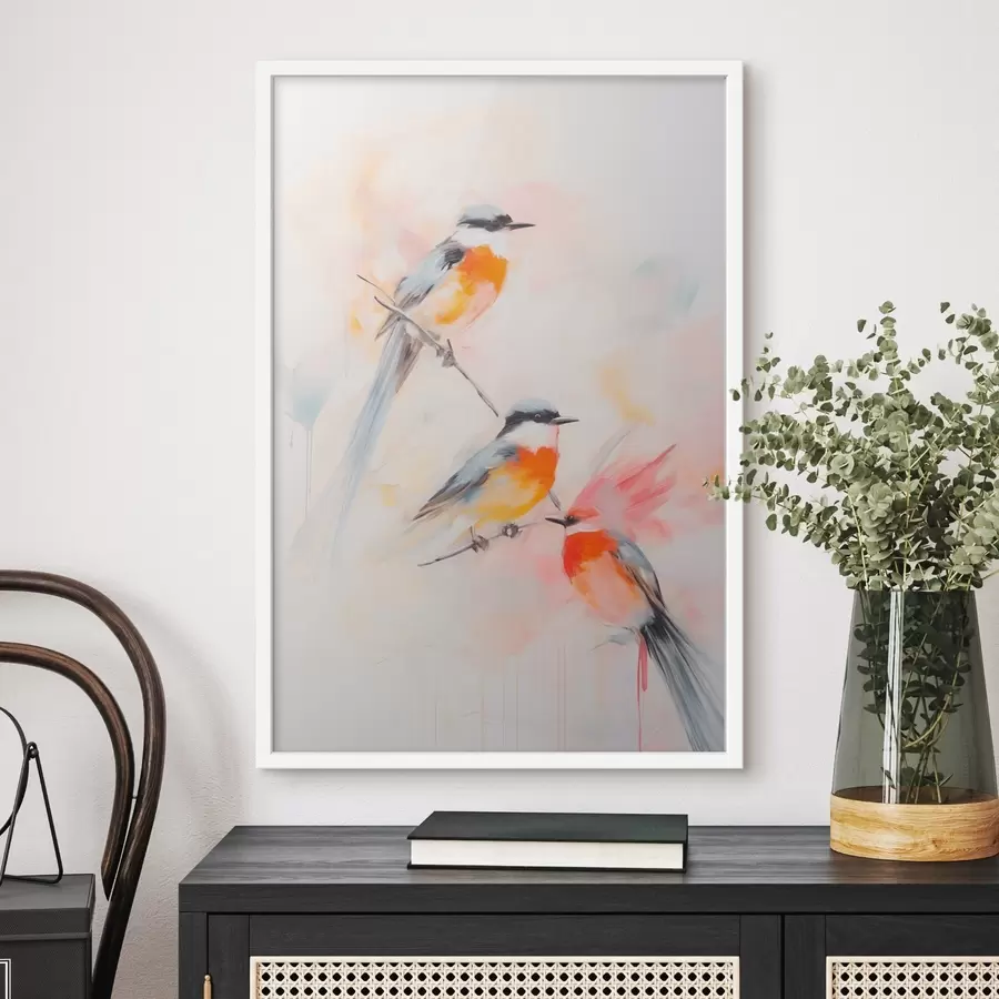 Papier peint Oiseaux perchés sur des branches, couleurs douces et pastel, fond clair avec des teintes roses et blanches f45577