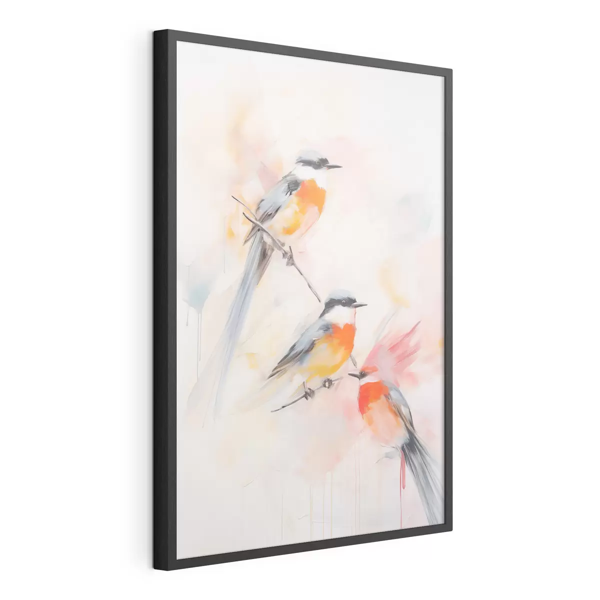 Poster Oiseaux perchés sur des branches, couleurs douces et pastel, fond clair avec des teintes roses et blanches f45577