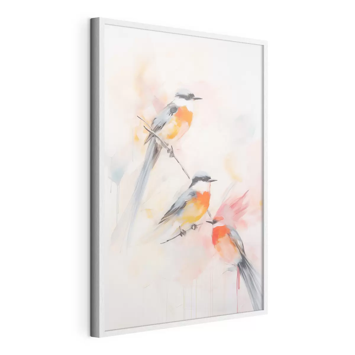 Poster Oiseaux perchés sur des branches, couleurs douces et pastel, fond clair avec des teintes roses et blanches f45577