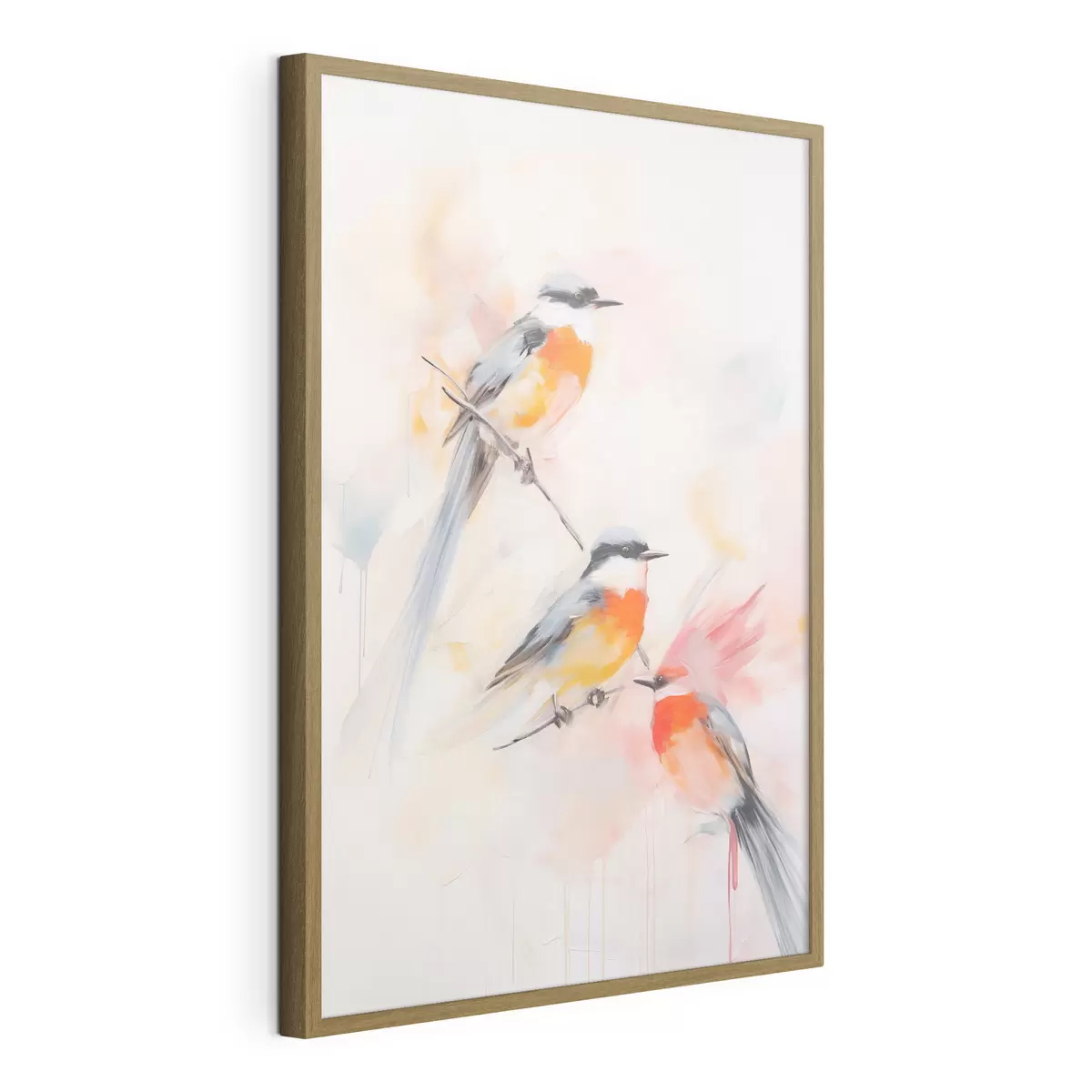 Poster Oiseaux perchés sur des branches, couleurs douces et pastel, fond clair avec des teintes roses et blanches f45577