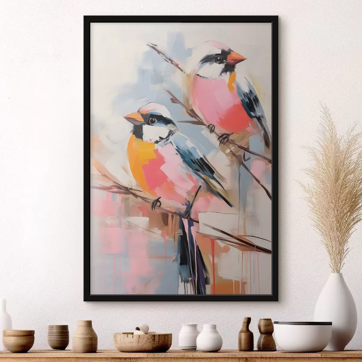 Poster Oiseaux colorés perchés sur une branche sur un fond doux aux couleurs pastel f45578